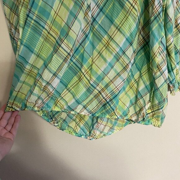 Lane Bryant 18/20 Green Plaid Cotton Gauze Long Sleeve Smocked Keyhole Top NWT - Picture 3 of 12